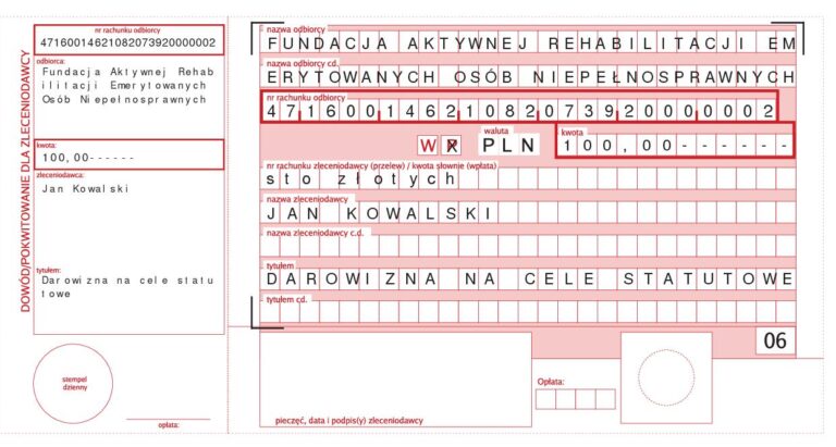 Obraz przedstawiający przykładowy druk wpłaty darowizny